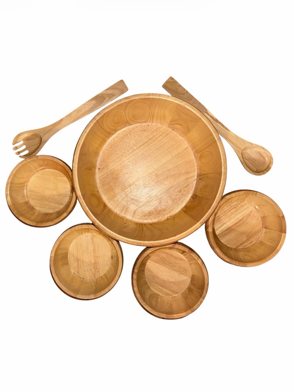 Natural Wooden Salad Bowl Set (1 large +4 Serving Bowls w Serving Utensils
